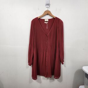 Sezane Louisette Mini Dress Pleated Grap V-Neck Long Sleeve Button-Front Size 36